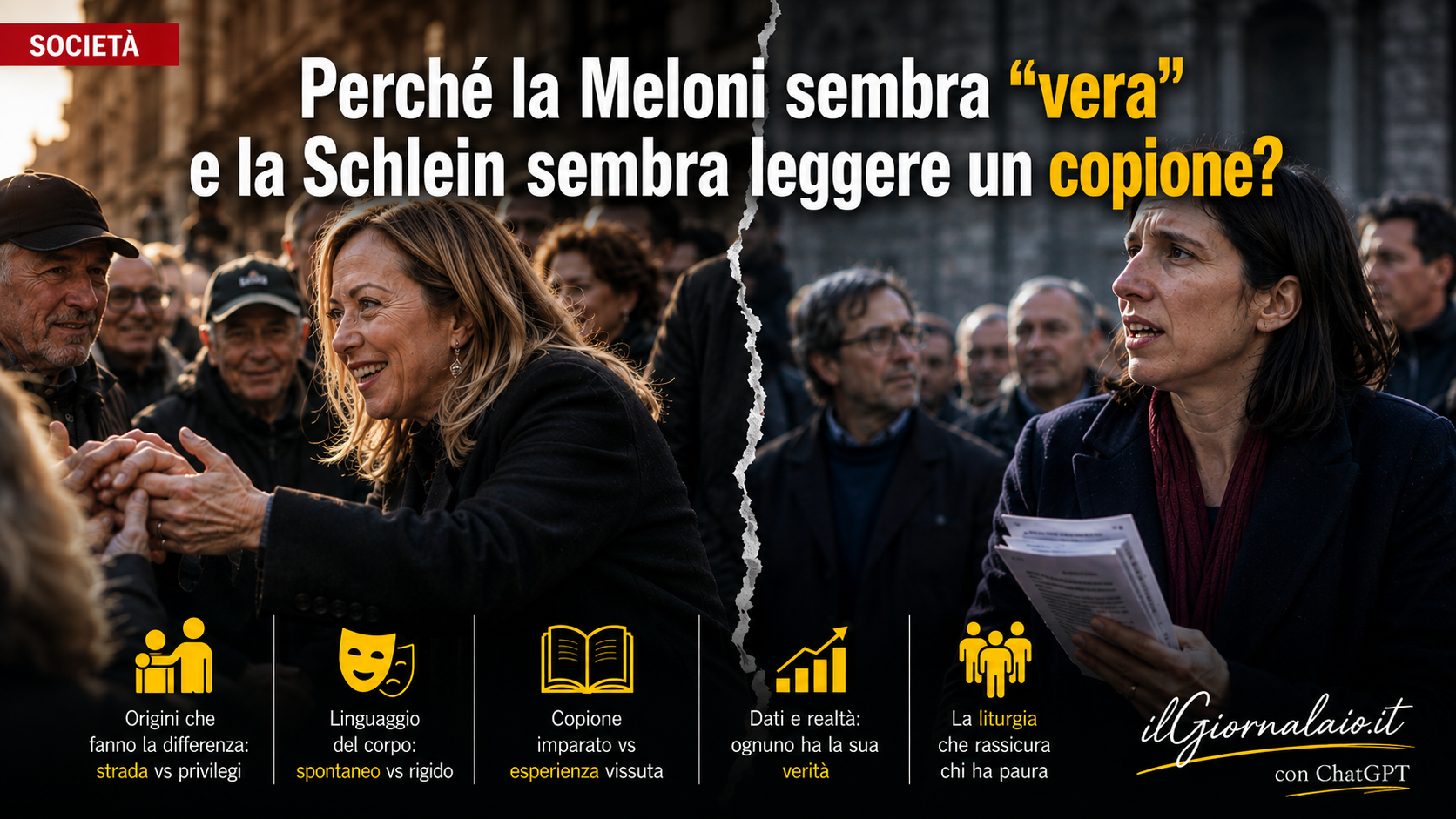 Perché la Meloni sembra "vera" e la Schlein sembra leggere un copione?